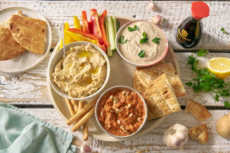Mezze with Three Types of Dips mezze with three types of dips topshot dispenser