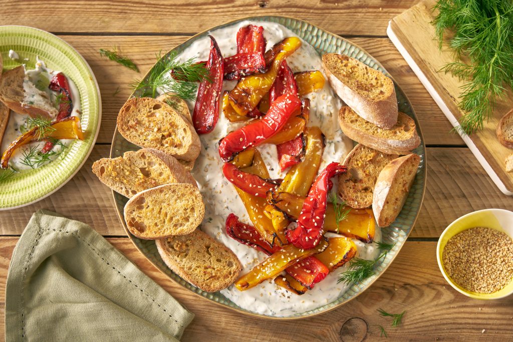 Yogurt and Spinach Dip with Grilled Peppers yogurt and spinach dip with grilled peppers topshot