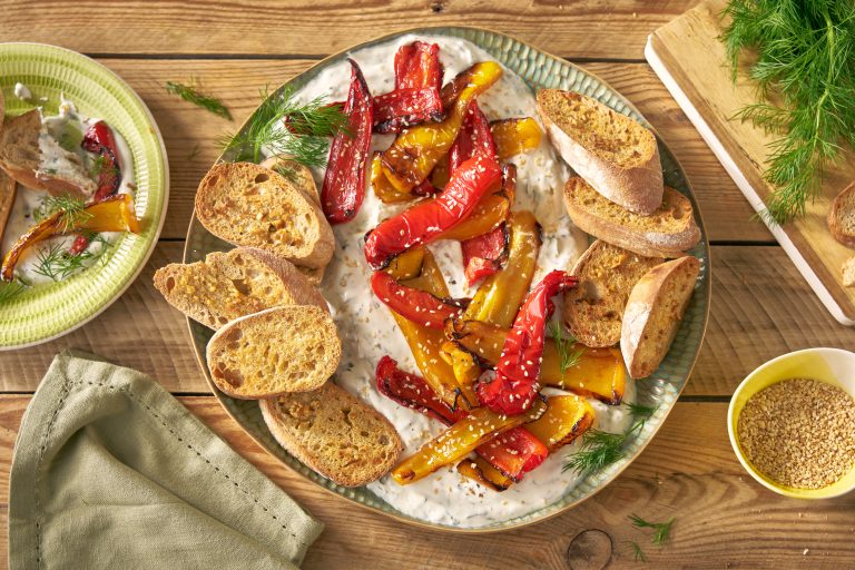 Yogurt and Spinach Dip with Grilled Peppers yogurt and spinach dip with grilled peppers topshot